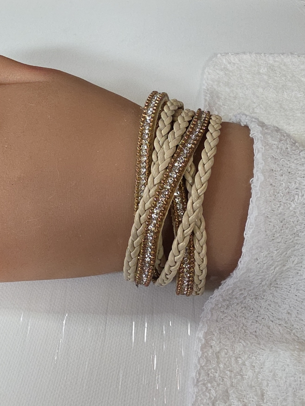 Beige Braided Wrap Bracelet with Gold Rhinestone Accents